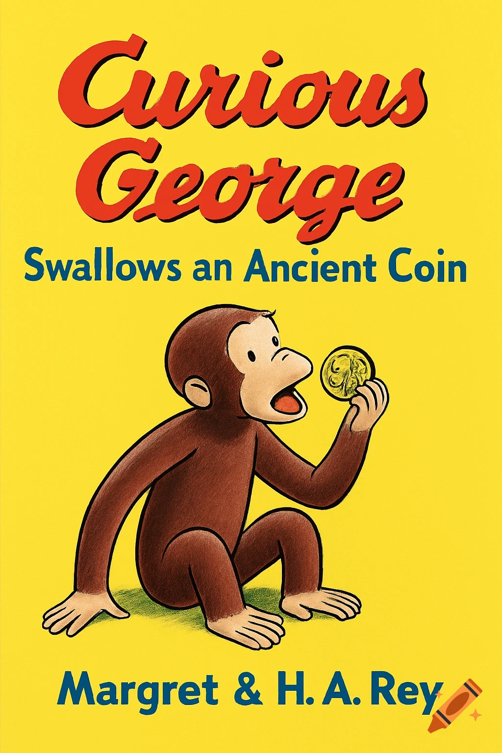 A book cover for 'Curious George Swallows an Ancient Coin' featuring Curious George holding a gold coin.