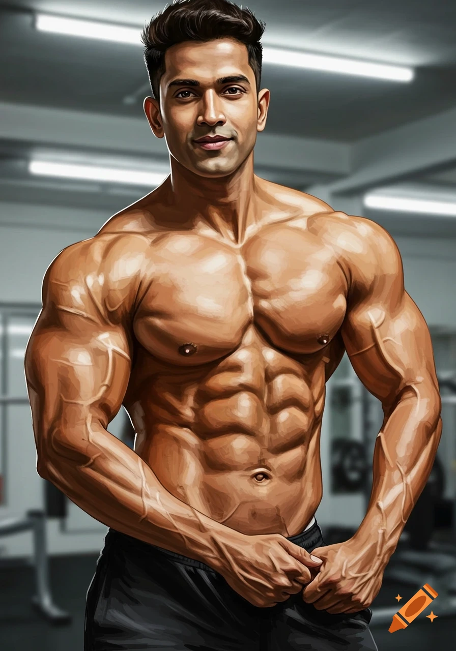 A muscular Indian man with a defined physique poses shirtless in a gym, displaying prominent abs and arm veins in a detailed illustrative style.