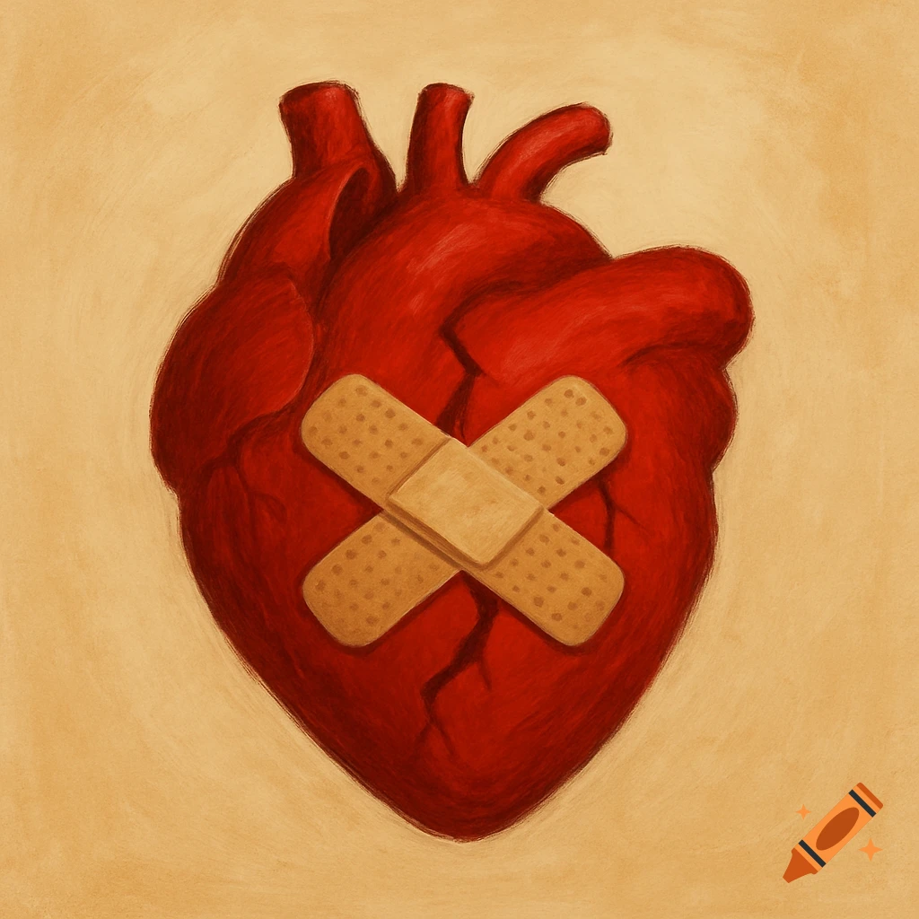 A red anatomical heart with two beige band-aids crossed over it, on a textured beige background, in an illustrative style.