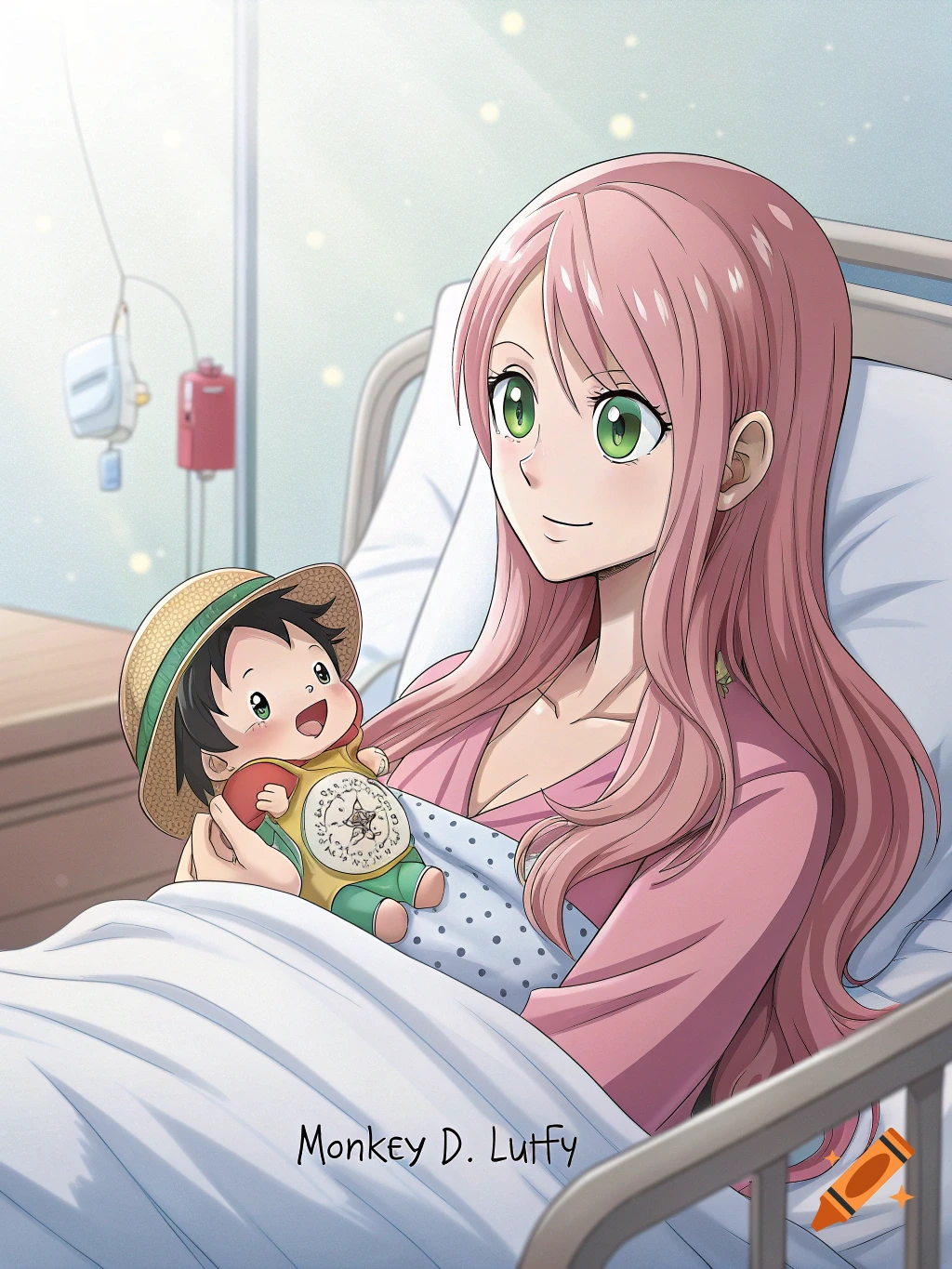 An anime woman with long pink hair and green eyes lies in a hospital bed,  smiling while holding a cute baby Monkey D. Luffy. The scene is brightly  lit. on Craiyon, image size:1024x1365