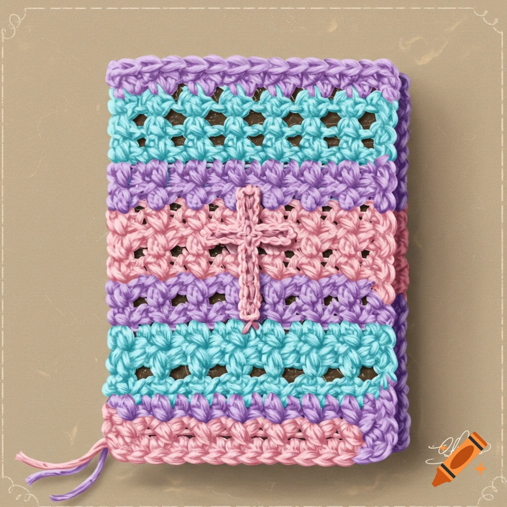 A colorful crochet bible cover with stripes of pastel purple, blue, and pink, featuring a small pink cross in the center, on a tan background.