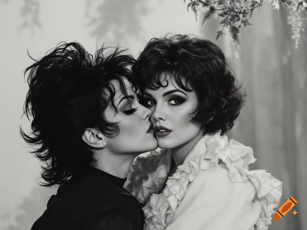 Photorealistic black and white portrait of two women, one kissing the other on the cheek.