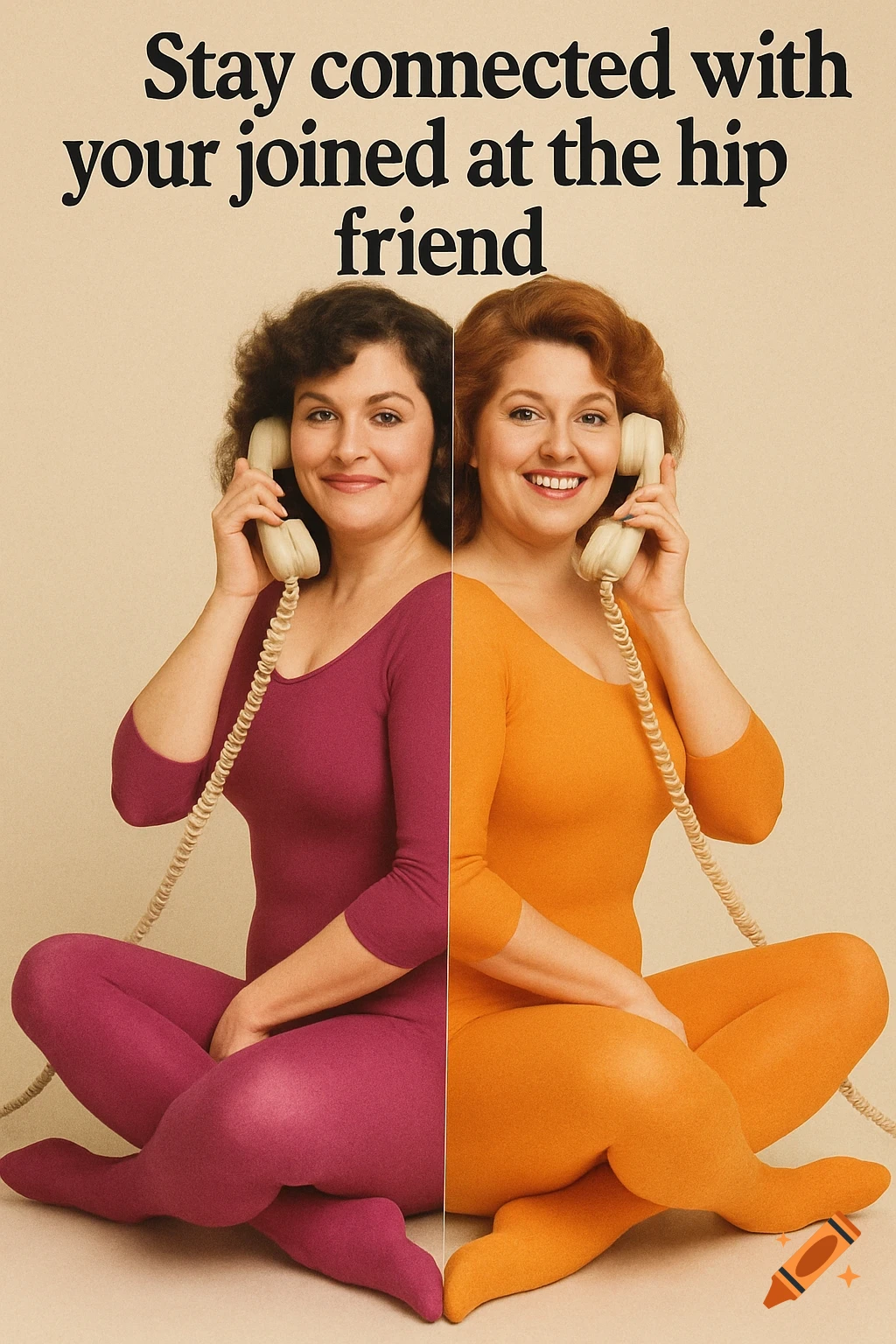 Vintage 1980s ad of two women, merged at the torso in magenta and orange leotards, talking on phones. Text reads 'Stay connected with your joined at the hip friend'.