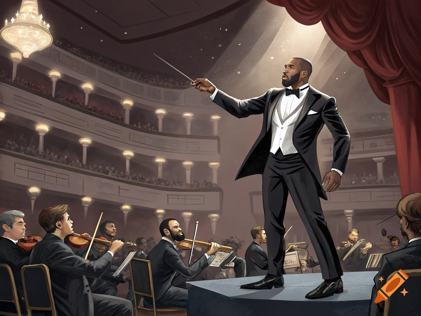 A Black man in a tuxedo conducts a symphony orchestra on stage in a grand concert hall.