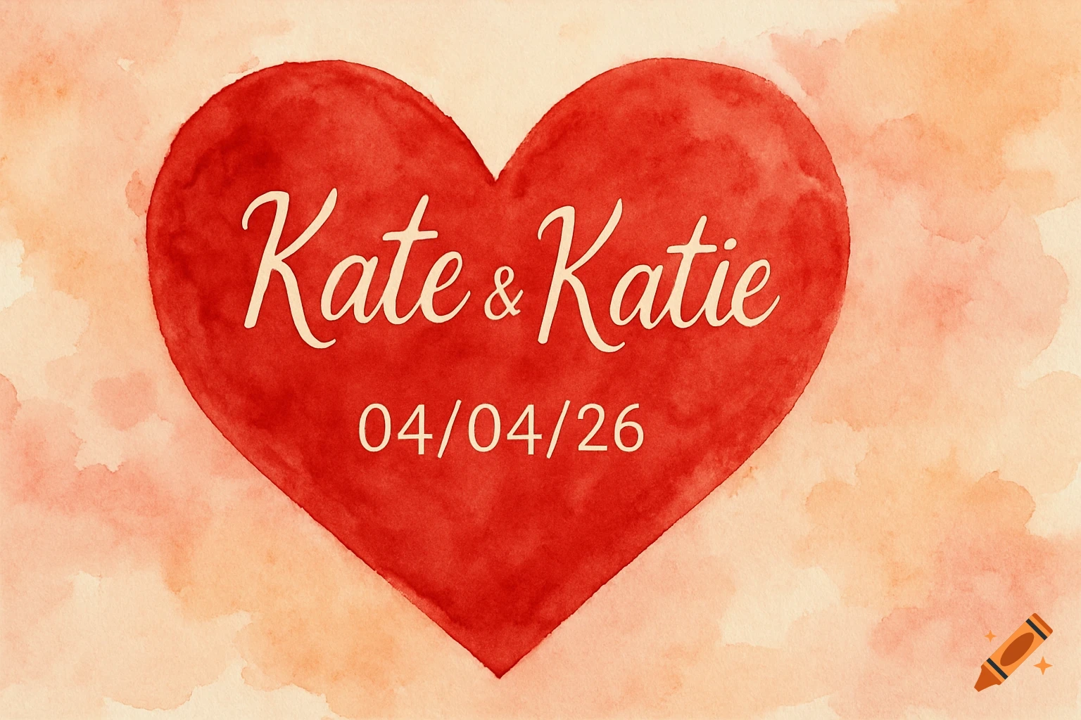 A red watercolor heart with 'Kate & Katie' and '04/04/26' in white text on a light orange background.