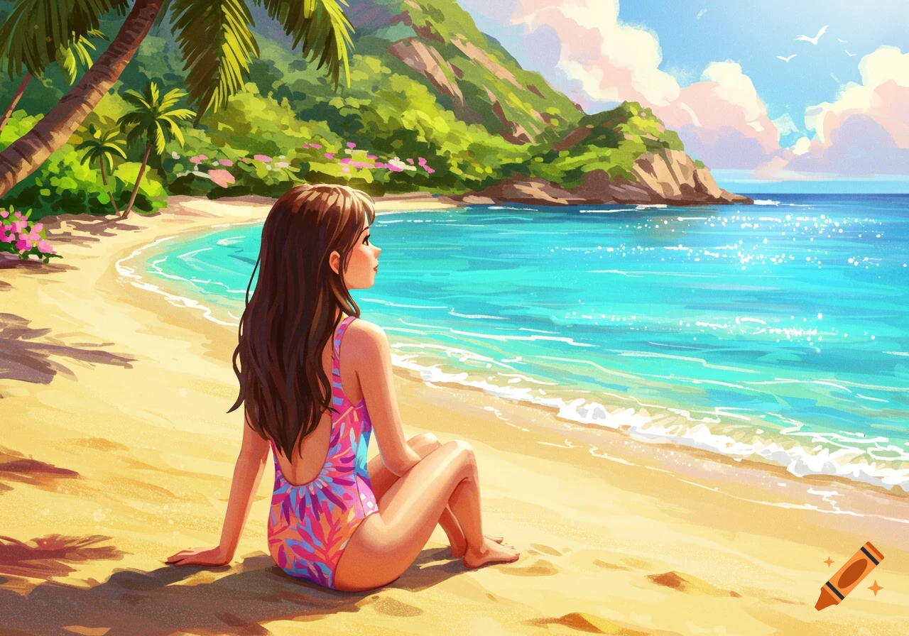 A girl in a colorful swimsuit sits on a sandy beach looking at the blue ocean under a sunny sky, rendered in a vibrant painting style.