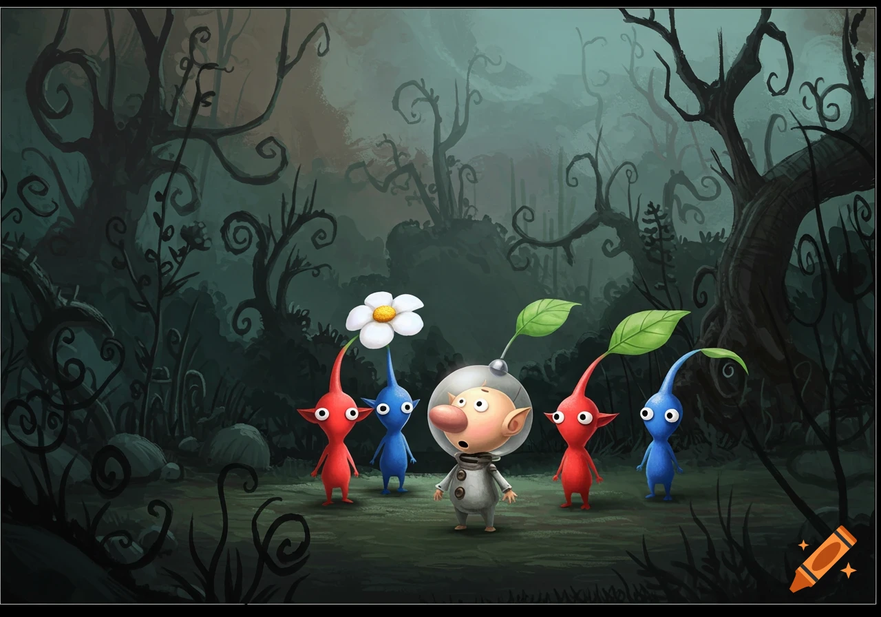 Captain Olimar and Pikmin characters stand in a dark, whimsical forest, in the style of Tim Burton.