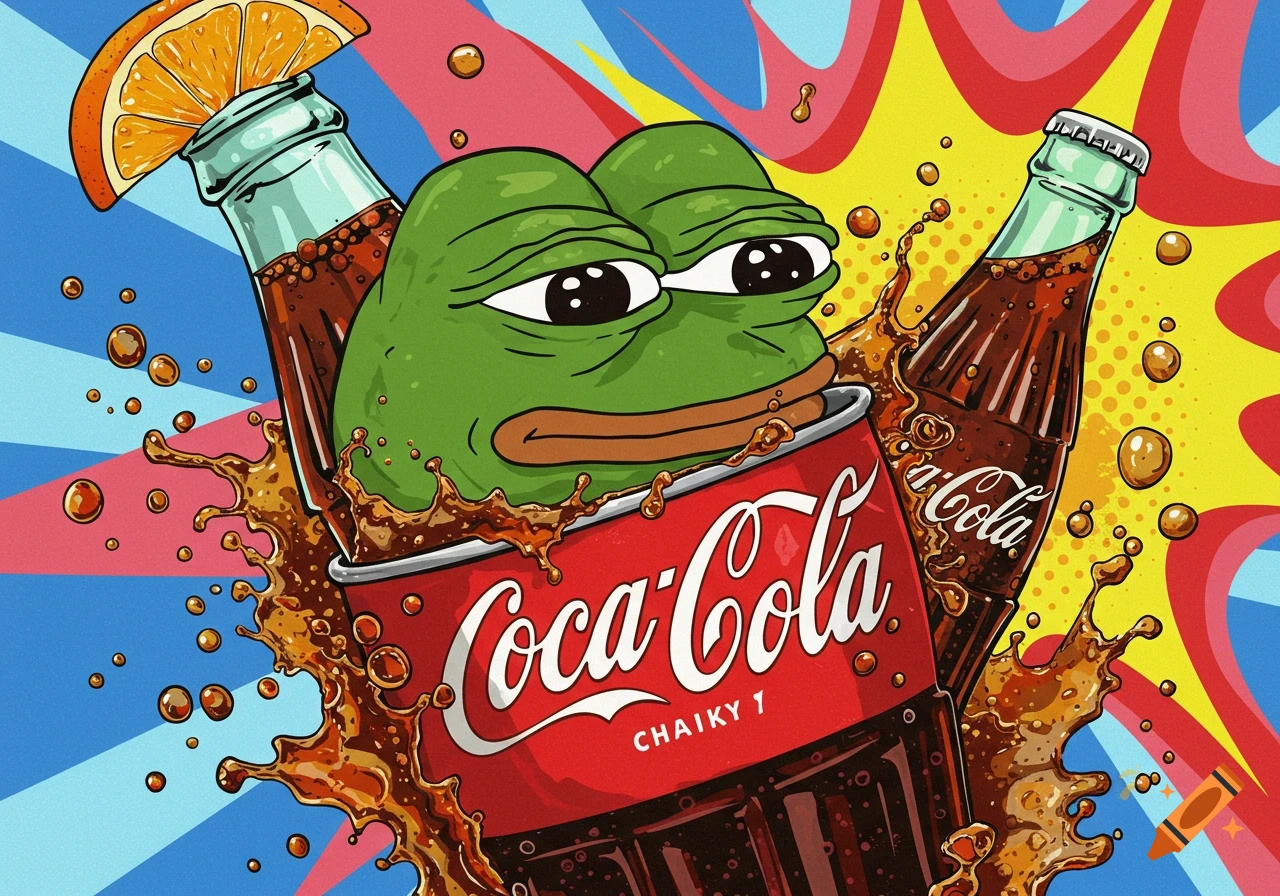 A stylized pop art image of Pepe the frog emerging from a Coca-Cola can, surrounded by splashing soda and with a Coca-Cola bottle and orange slice beside him.