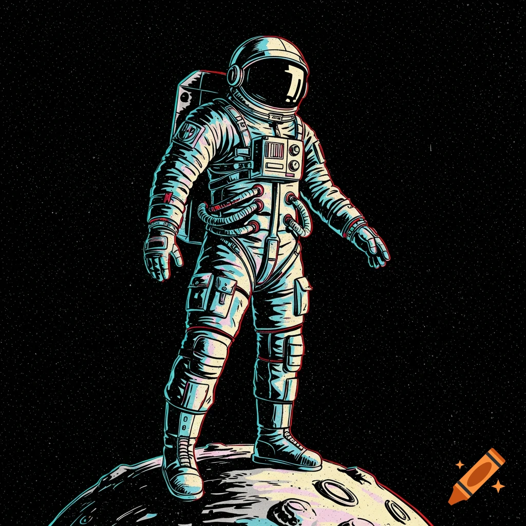A stylized pop art illustration of an astronaut standing on a moon-like surface with a starry black background.