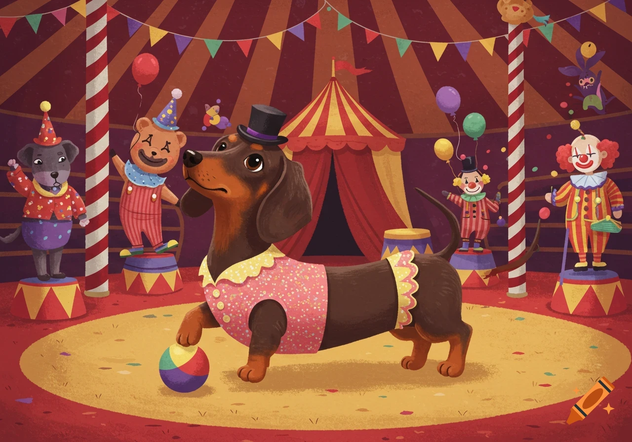 A cartoon dachshund in a pink circus costume and top hat plays with a ball in a vibrant circus ring with other performers.