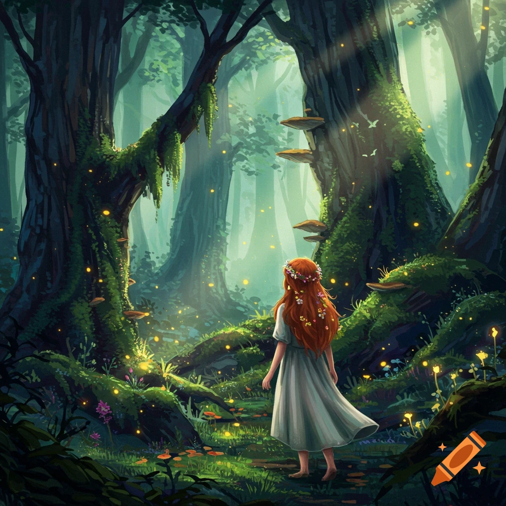 An illustration of a red-haired girl with a flower crown looking into a sunlit, mystical forest with glowing fireflies and mossy trees.