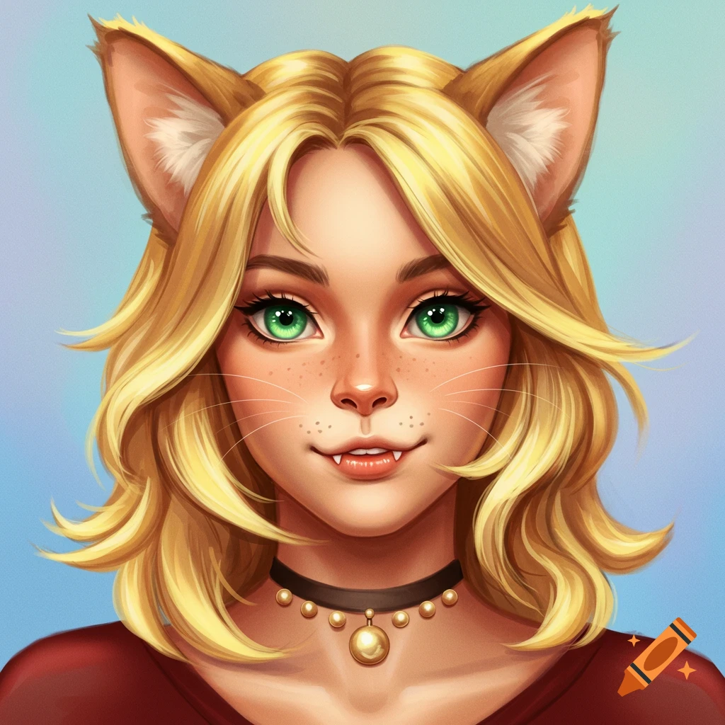 Stylized portrait of a blonde woman with green eyes, cat ears, whiskers, and small fangs, wearing a choker with a bell.