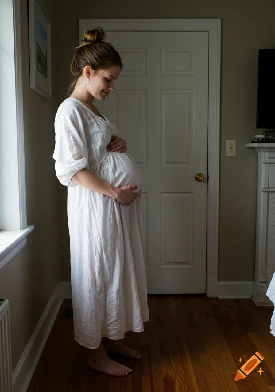 A pregnant woman in a white dress stands in a dimly lit room, gently holding her belly.
