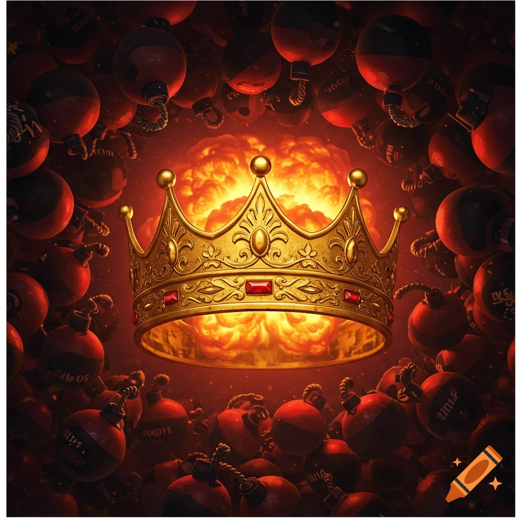 A golden crown with red jewels floats against a bright orange explosion, surrounded by dozens of dark red, stylized bombs.