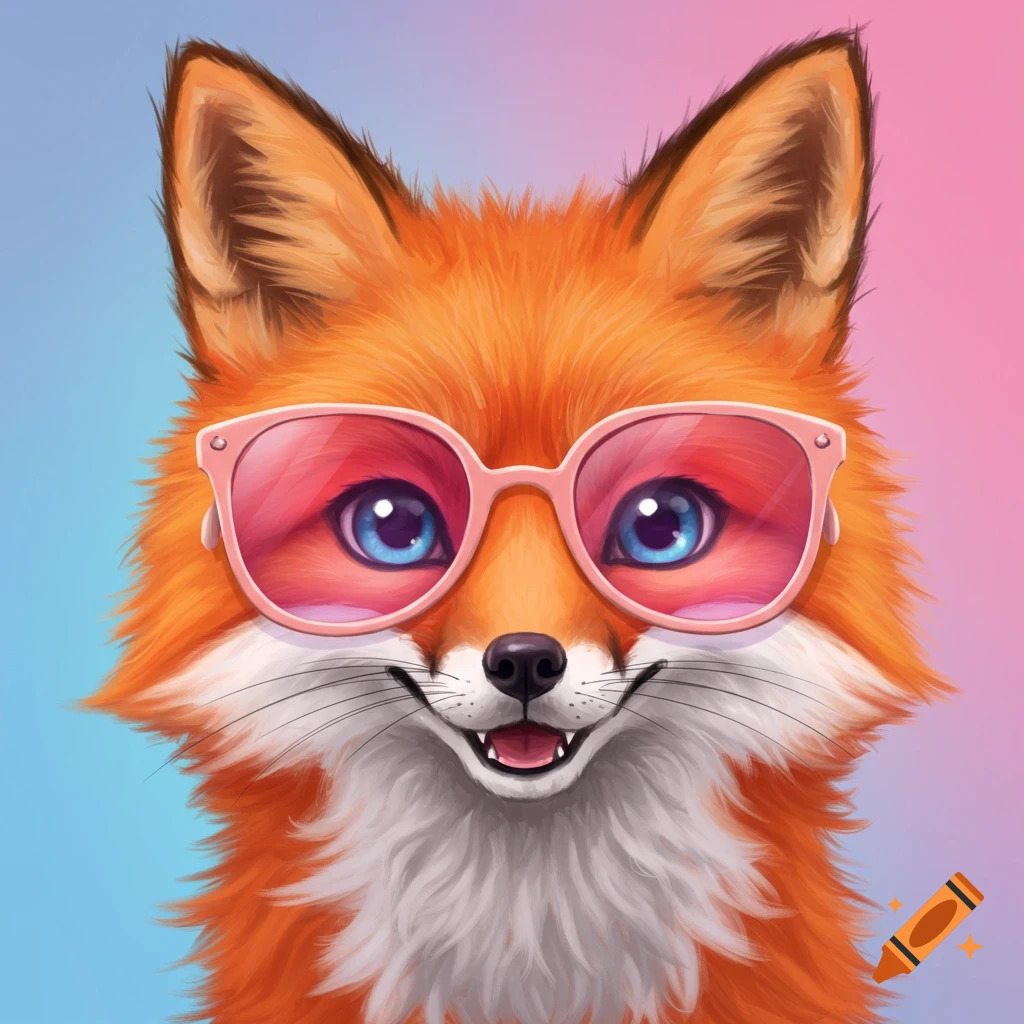 A cute, stylized orange fox with large blue eyes wears pink sunglasses against a blue and pink gradient background.