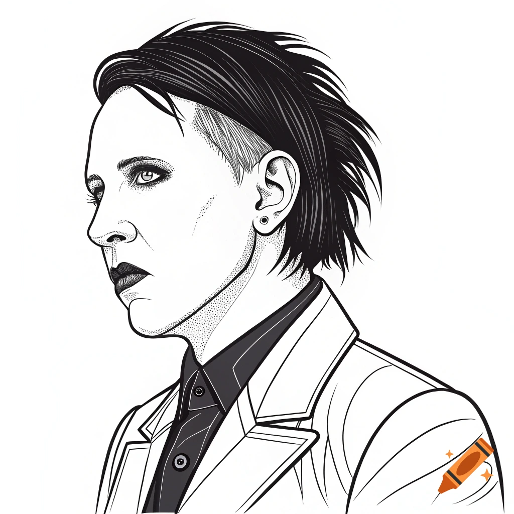 A black and white line art portrait of Marilyn Manson in profile, looking left.