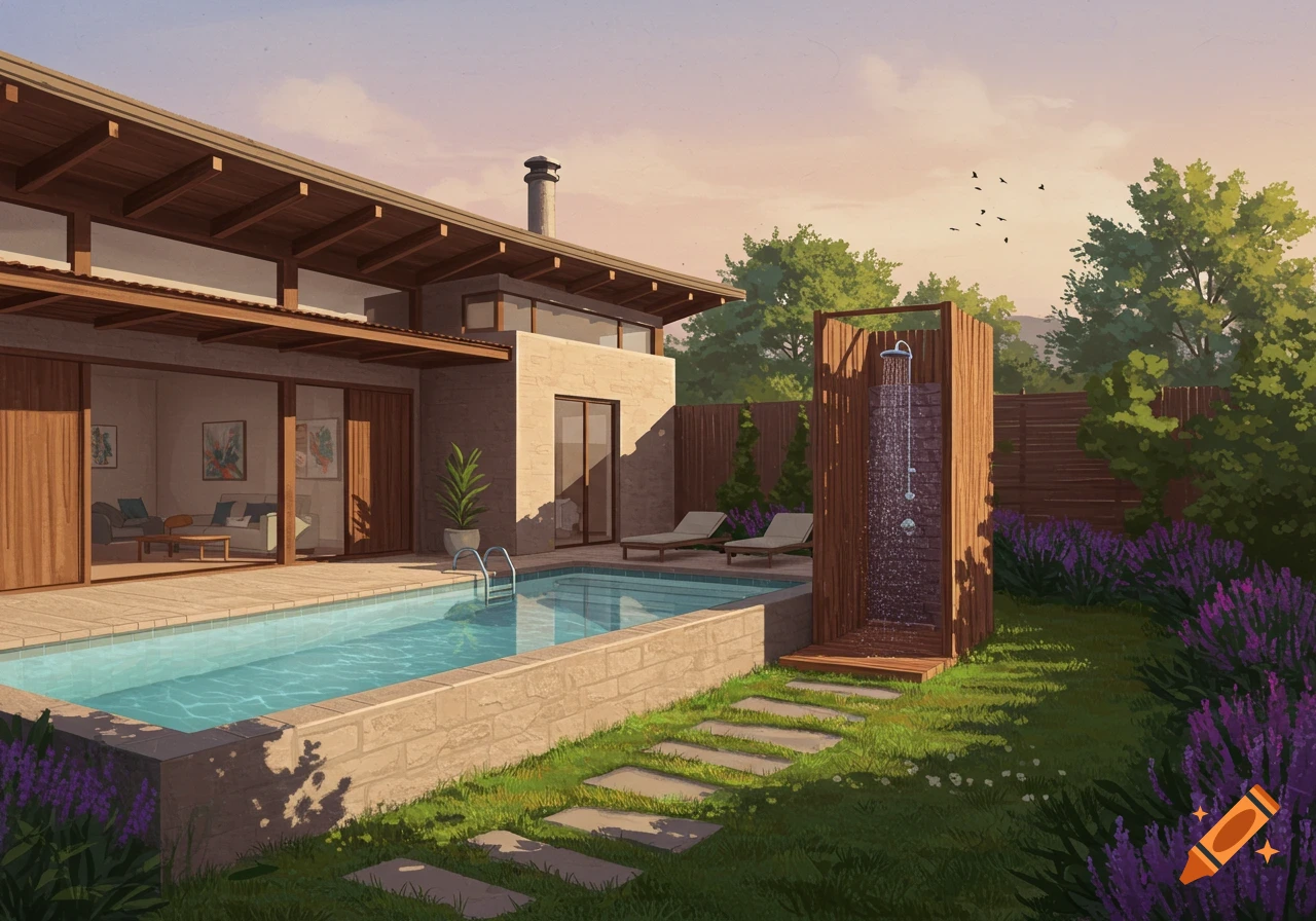A modern house with a long swimming pool, an outdoor wooden shower, and a vibrant garden with purple flowers under a clear sky.