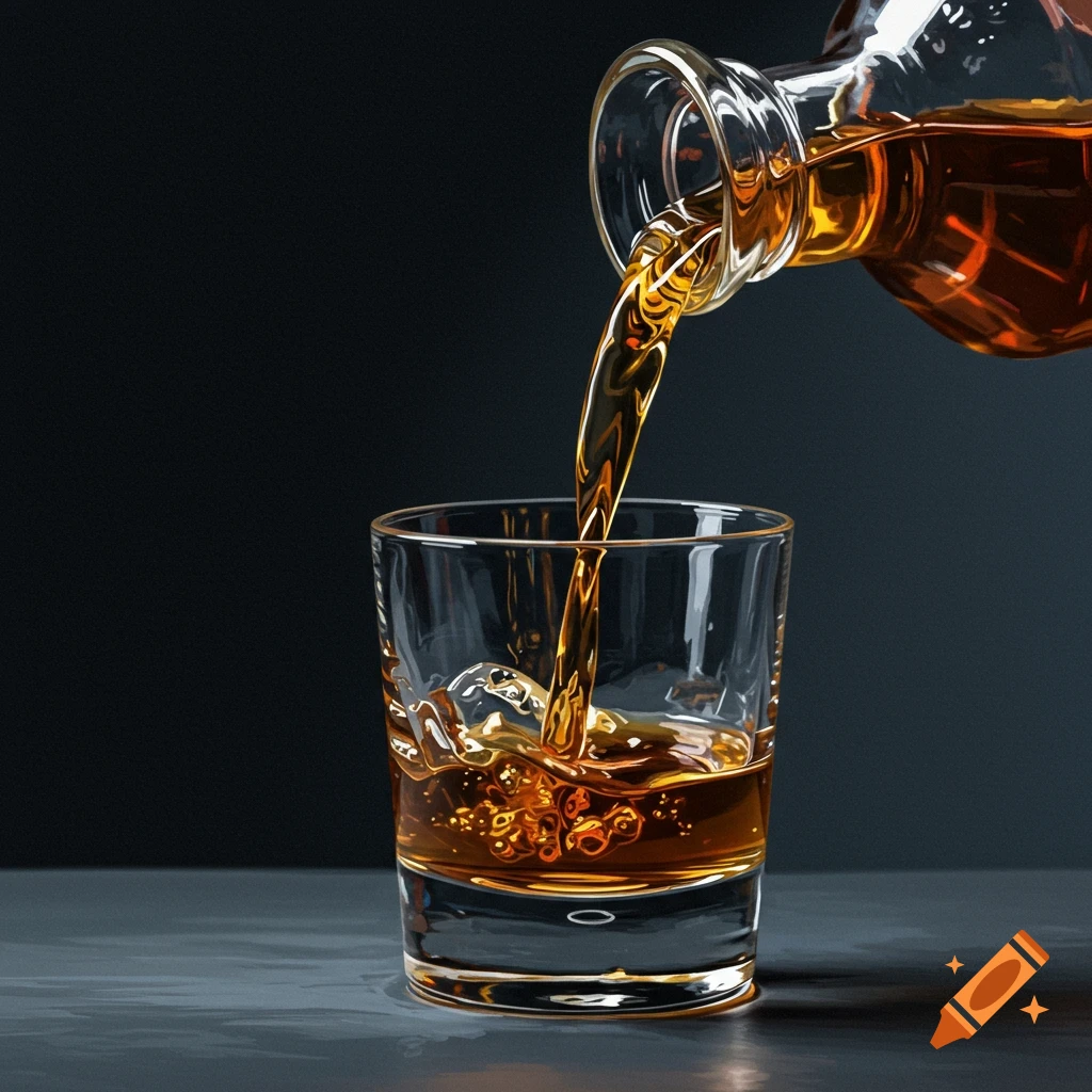 Whiskey being poured from a bottle into a glass, photorealistic style.