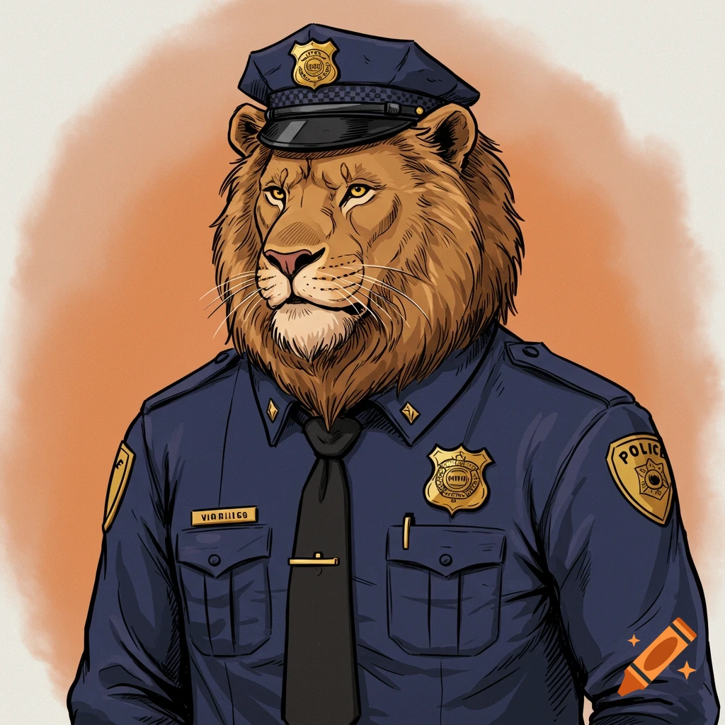 A cartoon drawing of an anthropomorphic lion wearing a blue police uniform and cap.