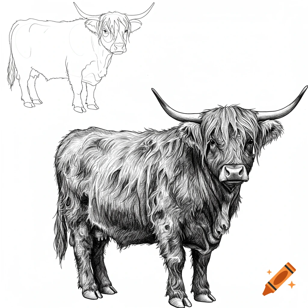 A black and white drawing tutorial showing a detailed Highland cow and an outline drawing of a cow.
