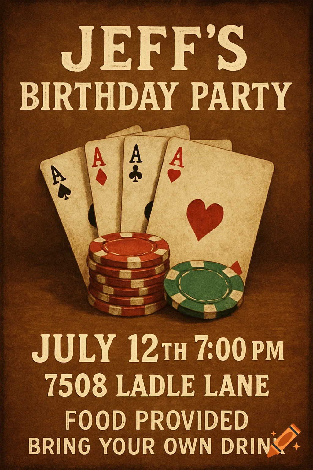 A rustic brown invitation for "Jeff's Birthday Party" featuring four Ace playing cards and a stack of poker chips, with event details.