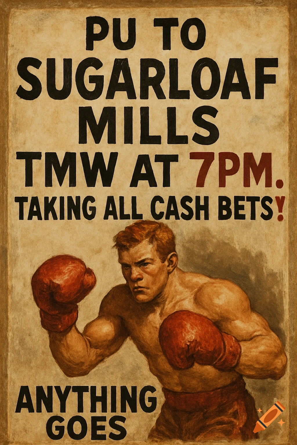 A vintage boxing poster featuring a determined boxer in red gloves, with fight details and 'ANYTHING GOES' text.