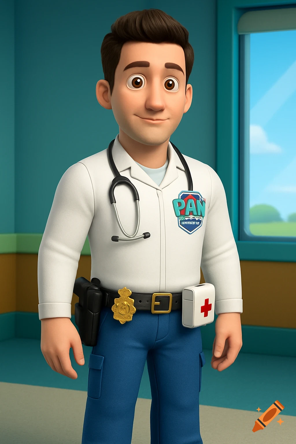 CGI rendering of a young man with a stethoscope, police belt, and first aid kit, wearing a white doctor's coat and blue pants.