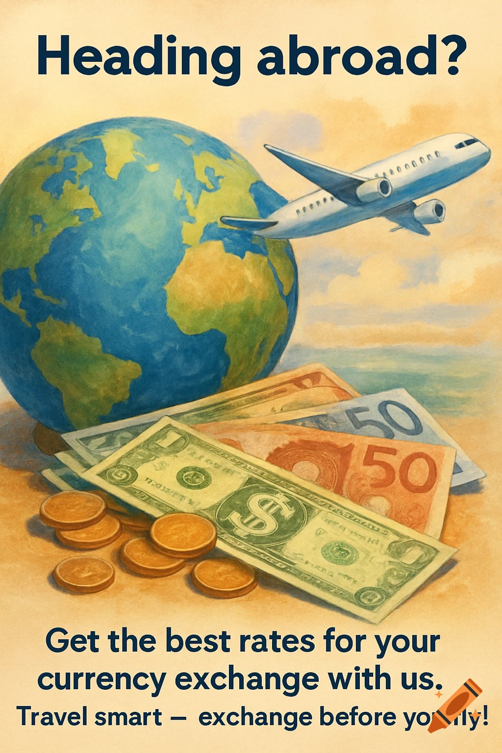A watercolor illustration of a globe, an airplane, and a stack of various currencies, for a travel or finance ad.