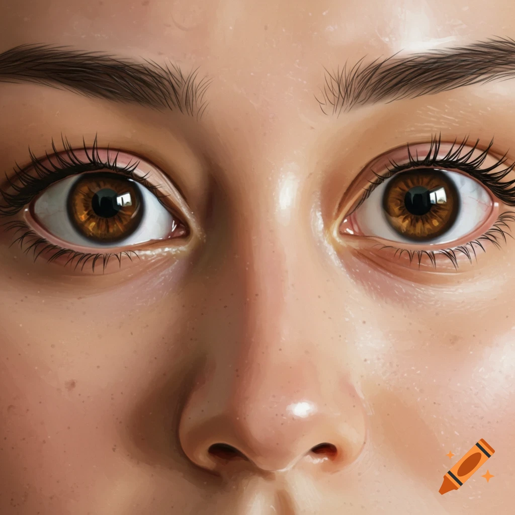 A close-up, detailed view of a person's brown eyes and nose.
