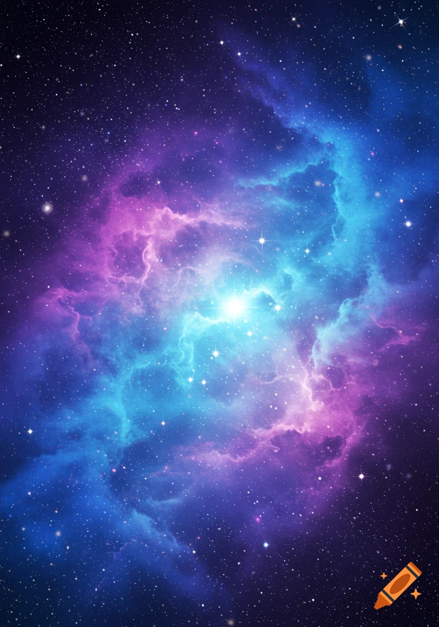 A vibrant nebula in shades of purple, pink, and blue, with numerous stars scattered across a dark cosmic background.