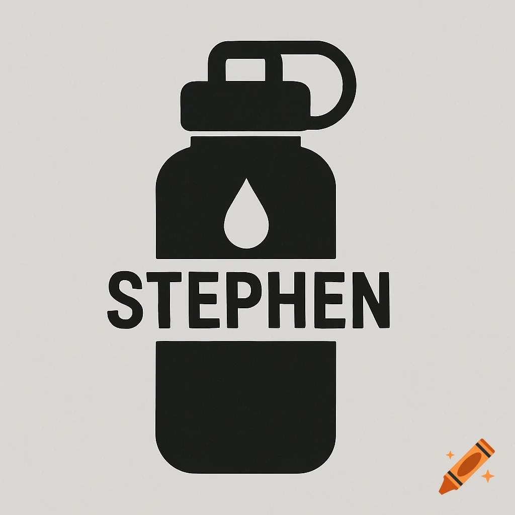 Black icon of a water bottle with a water drop symbol and the name STEPHEN in bold.