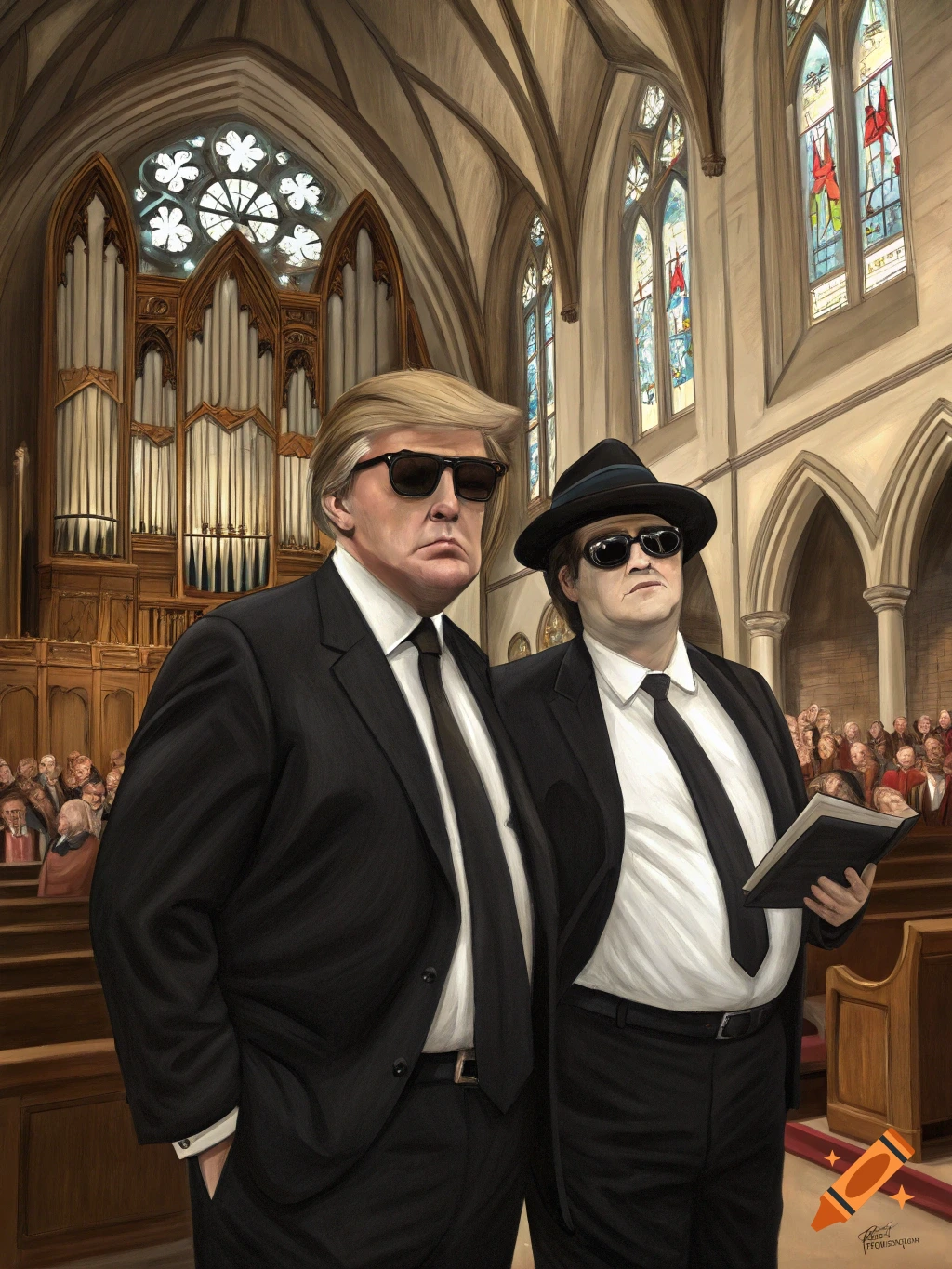 Illustration of Donald Trump and a Blues Brother-like figure in black suits and sunglasses standing in a church.