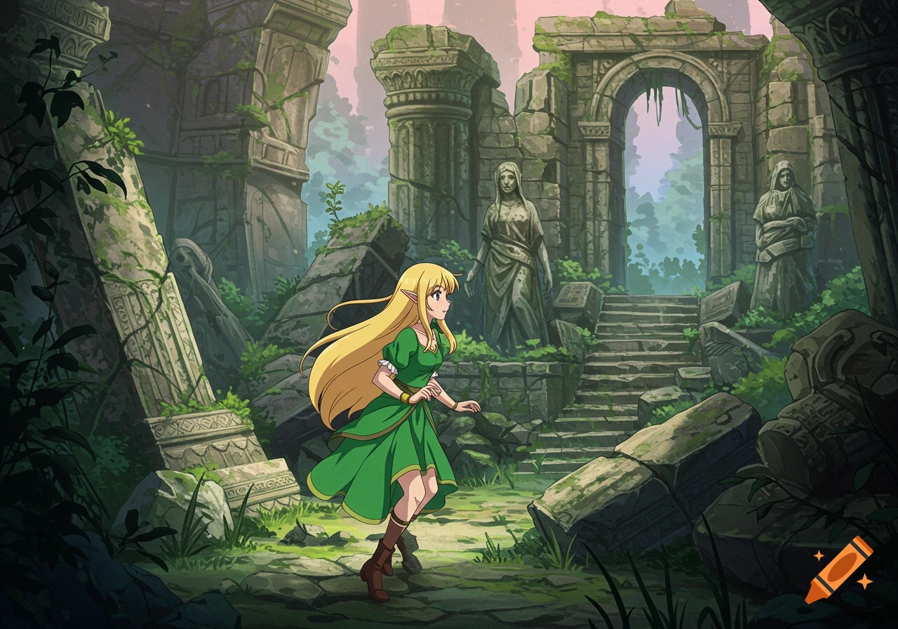 An anime-style elf woman with long blonde hair and a green dress walks through overgrown ancient ruins.