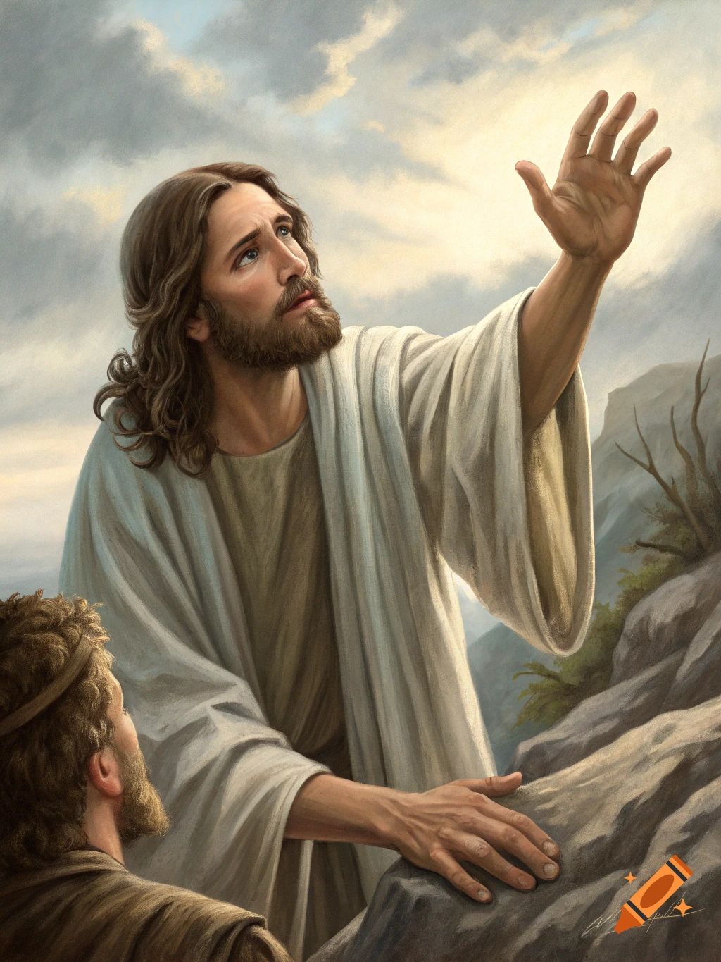 Painting of Jesus looking skyward with a hand raised, a man's head visible in the foreground, set in a rocky landscape.