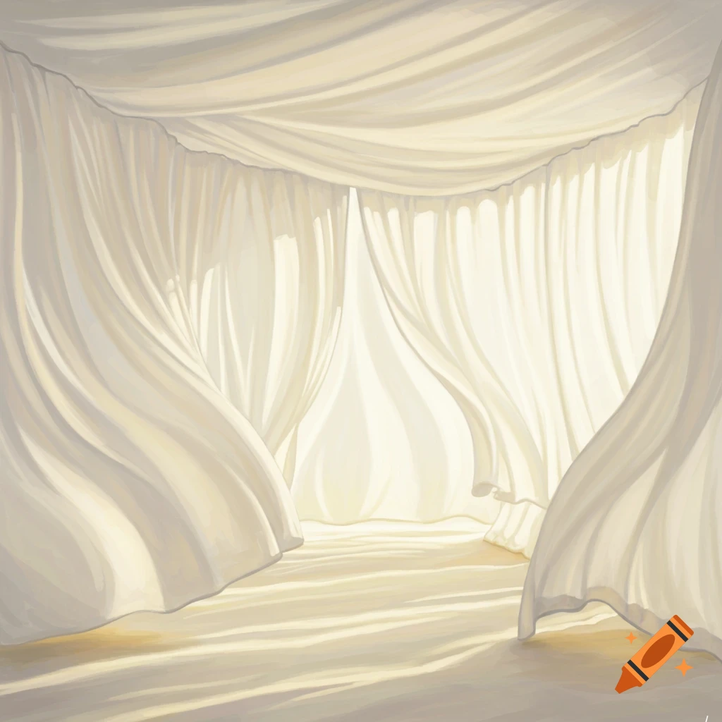 Ethereal room made of flowing, translucent white curtains, bathed in soft light creating long shadows. Painting style.