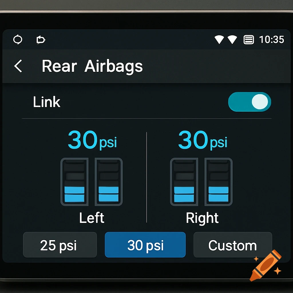 A digital display from a car head unit showing controls for 'Rear Airbags', including pressure settings for left and right, and custom options.