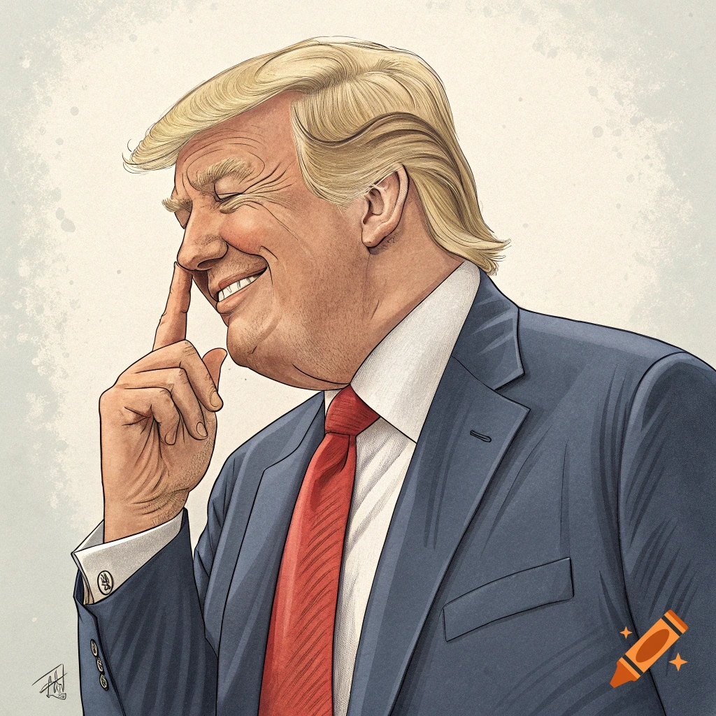 Caricature of Donald Trump smiling with closed eyes, picking his nose.