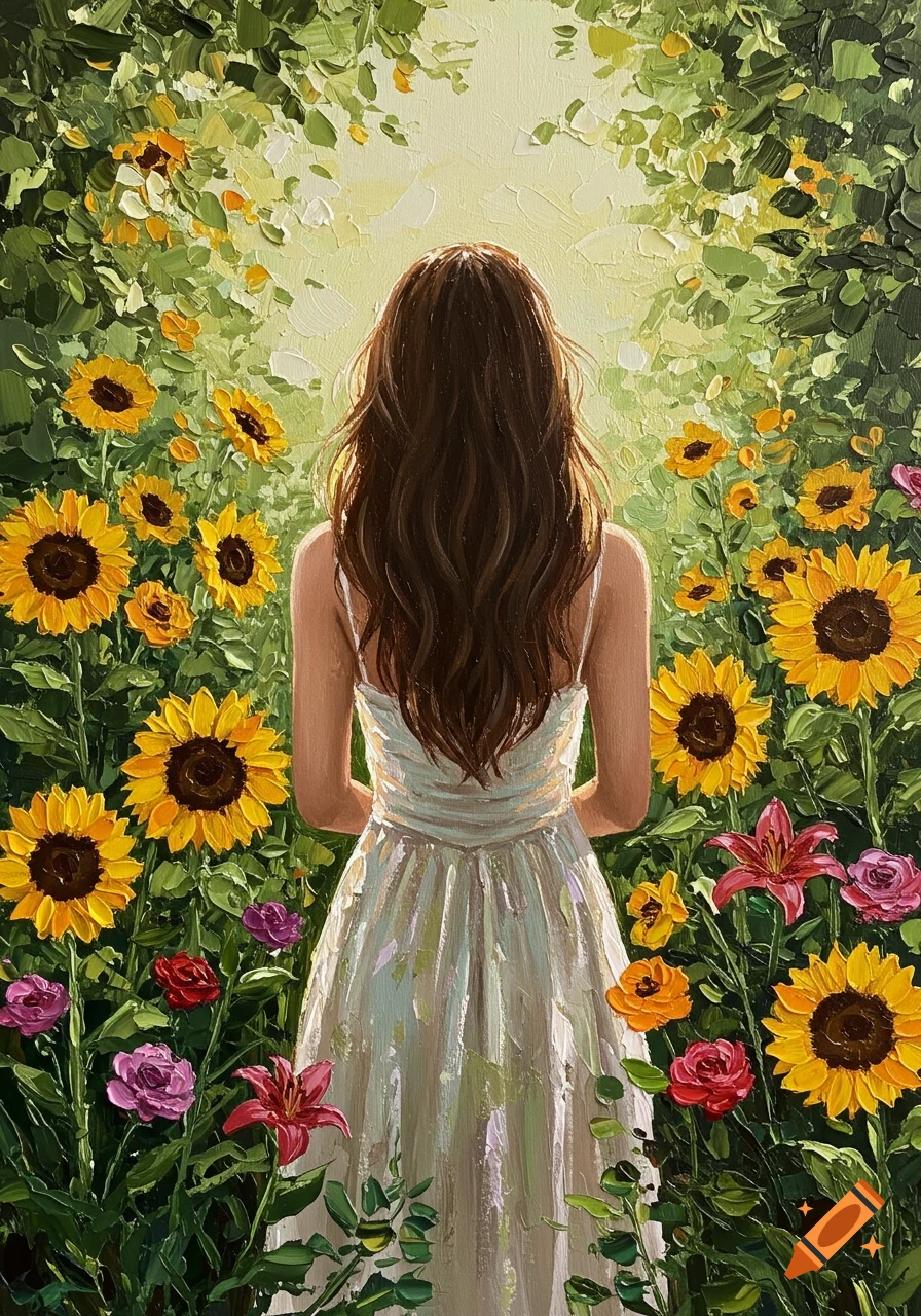 An acrylic painting of a woman with long brown hair, seen from behind, standing in a vibrant garden full of sunflowers and other colorful flowers.