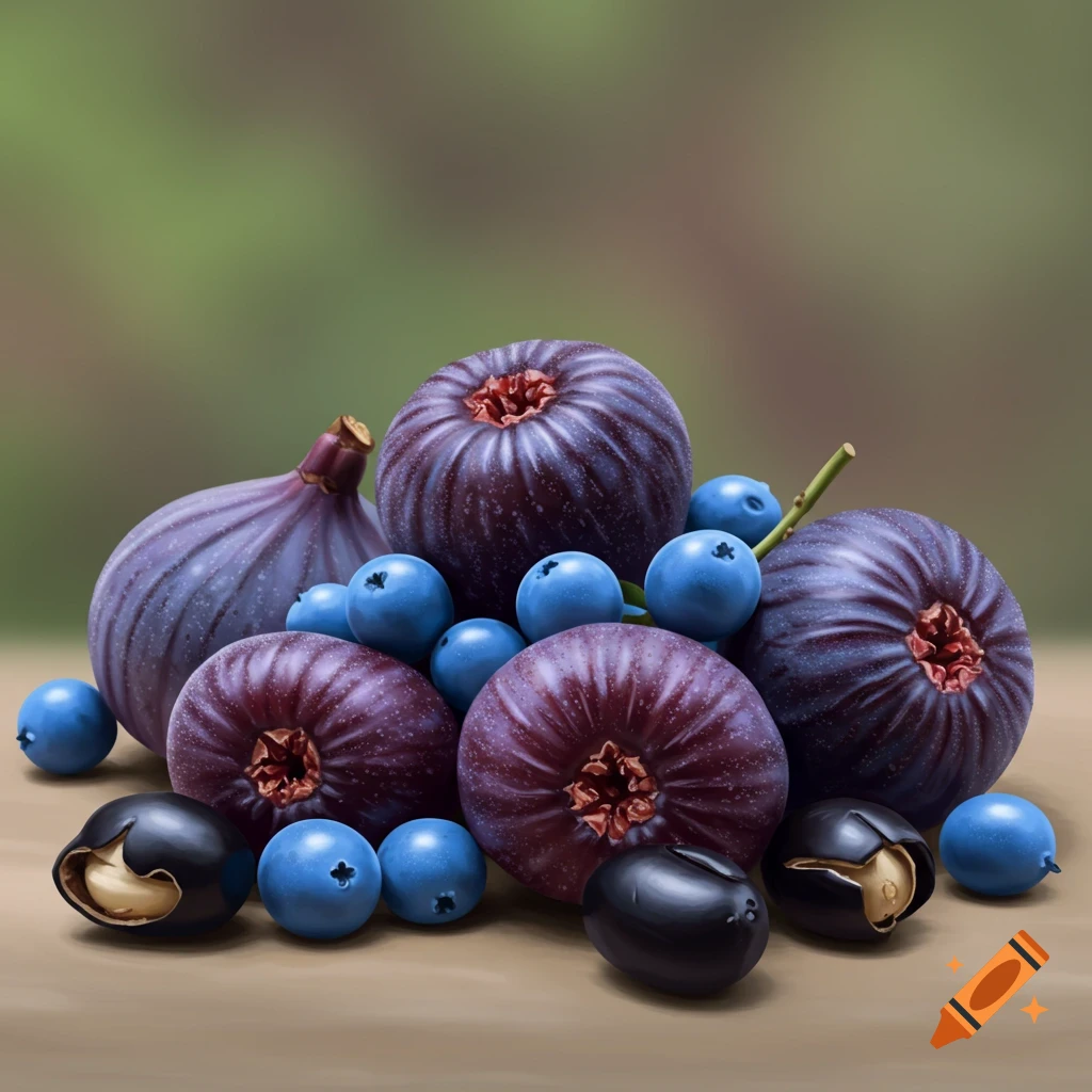 A pile of purple figs, blue blueberries, and dark black bean nuts on a light brown surface with a blurry green background, in a photorealistic style.