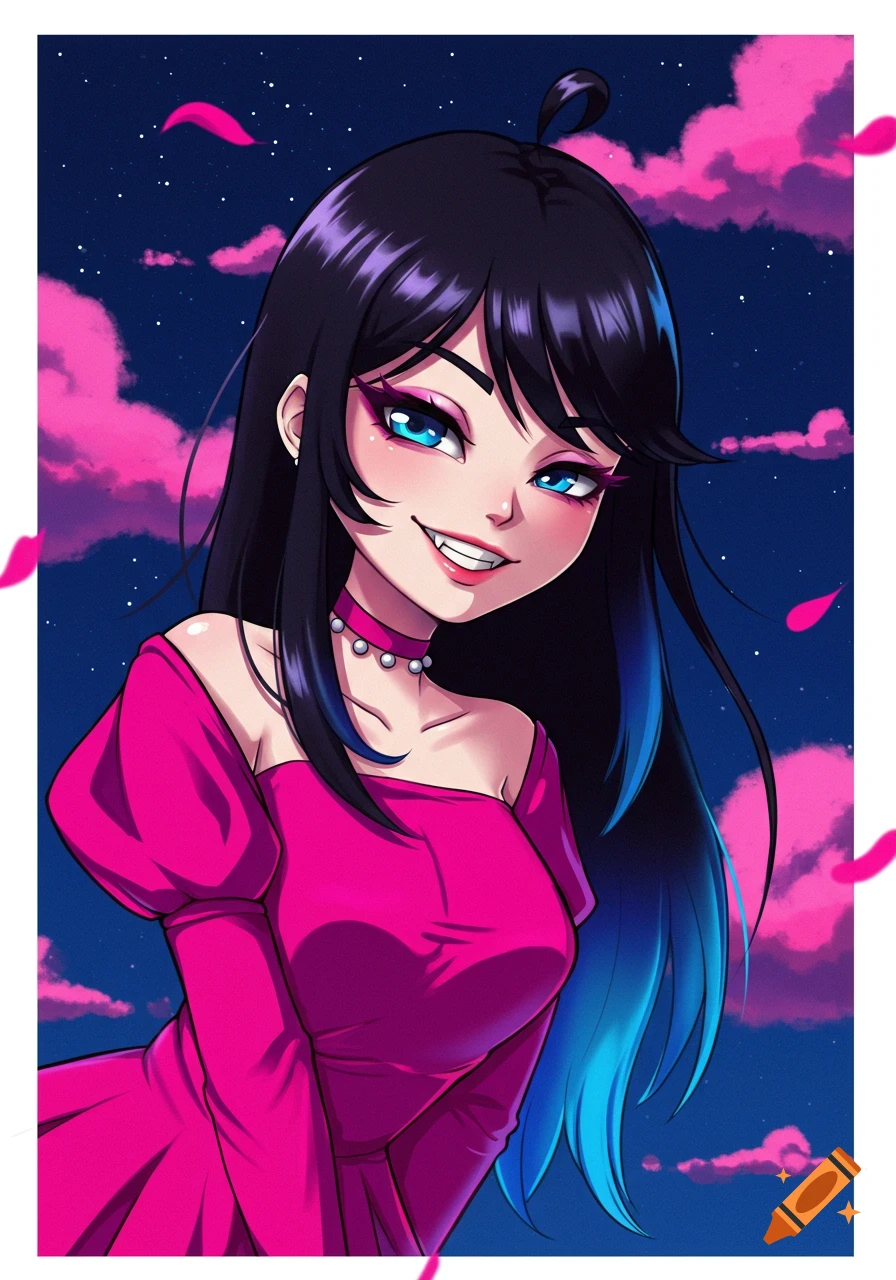 Anime girl with black hair, blue eyes, and fangs, wearing a pink dress against a starry night sky with pink clouds.
