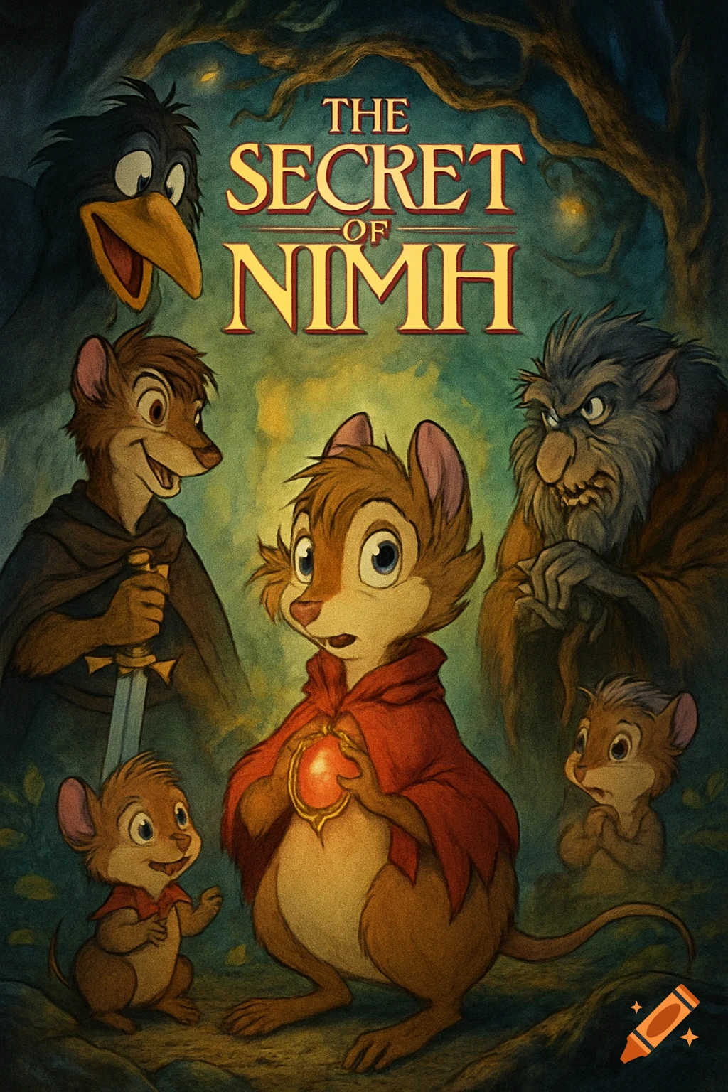 An animated movie poster for 'The Secret of NIMH' featuring Mrs. Brisby in a red cloak holding a glowing jewel, surrounded by other animal characters like Justin, Jeremy the crow, and Nicodemus, in a dark forest.