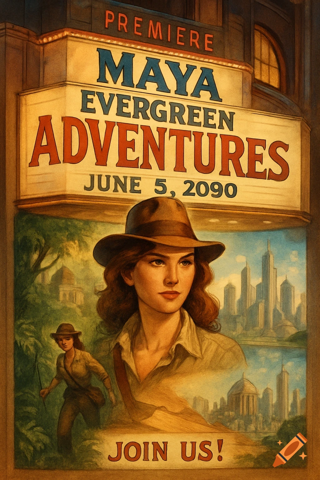 Vintage movie poster for 'Maya Evergreen Adventures' showing a female adventurer in a fedora, with jungle and futuristic city scenes.