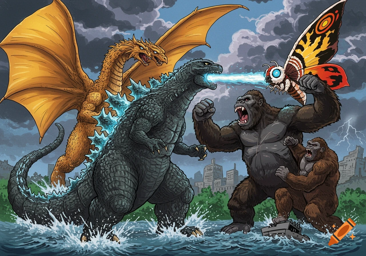 Four giant monsters, Godzilla, King Ghidorah, Mothra, and King Kong, battle in choppy water near a city under a stormy sky, in a comic art style.