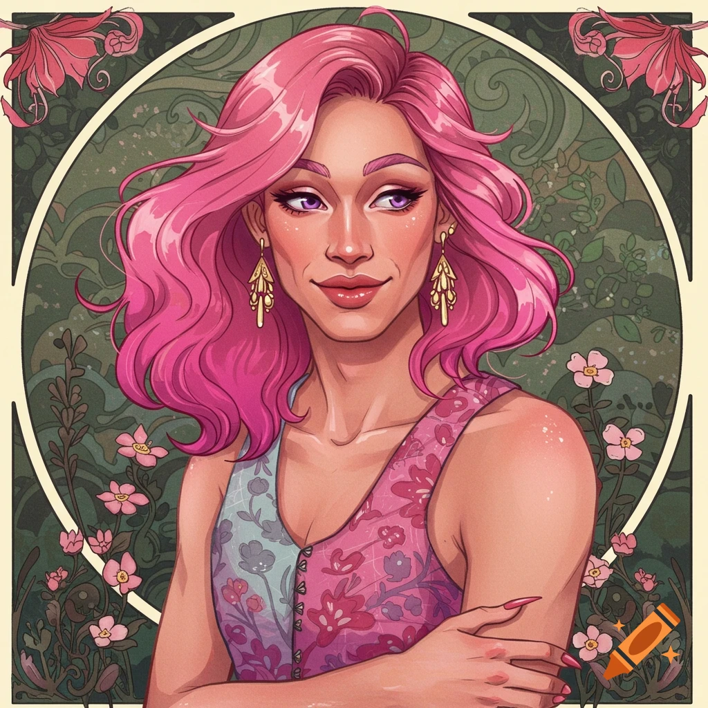A vibrant Art Nouveau portrait of a person with wavy pink hair, purple eyeshadow, and gold earrings, set against a green floral background.