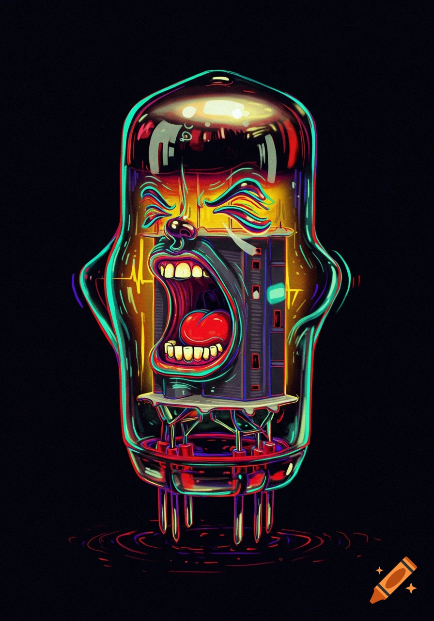 A vibrant, neon-lit illustration of a screaming face inside a vacuum tube on a black background.