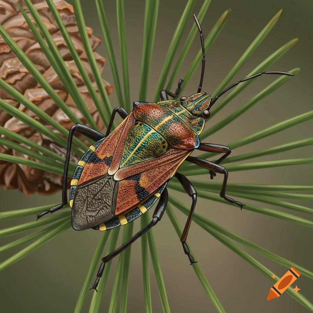 A detailed western conifer seed bug with colorful markings rests on a green pine branch with a pine cone.