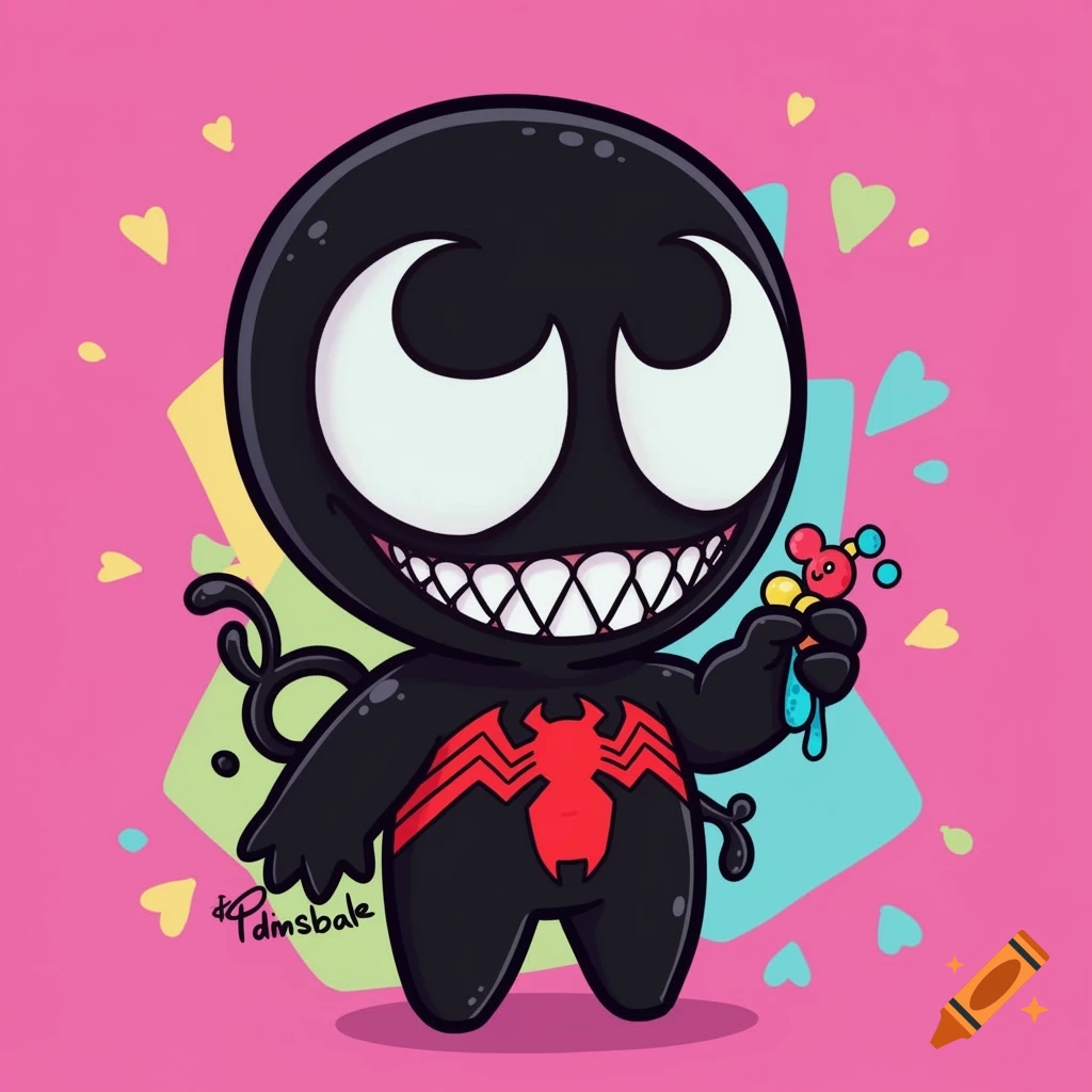 A cute, cartoonish black symbiote character with large white eyes and sharp teeth holds a colorful toy on a pink background with hearts.