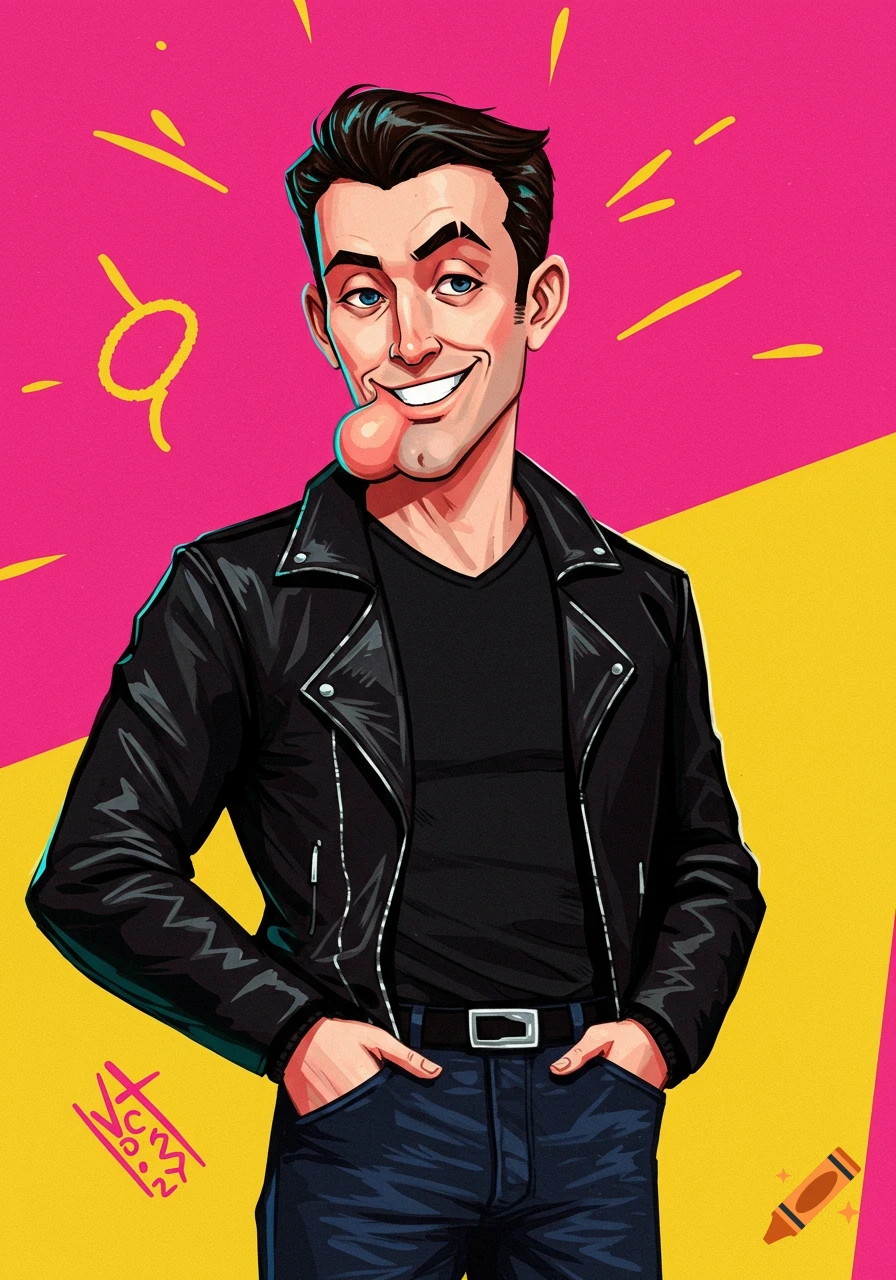 Cartoon illustration of a smiling man with an exaggerated chin, wearing a black leather jacket and jeans on a pink and yellow background.