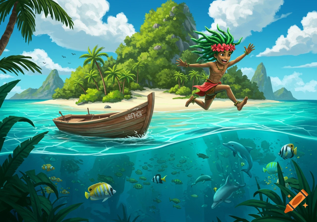 Cartoon illustration of a joyful character jumping from a boat into tropical water with fish and dolphins near a lush island.