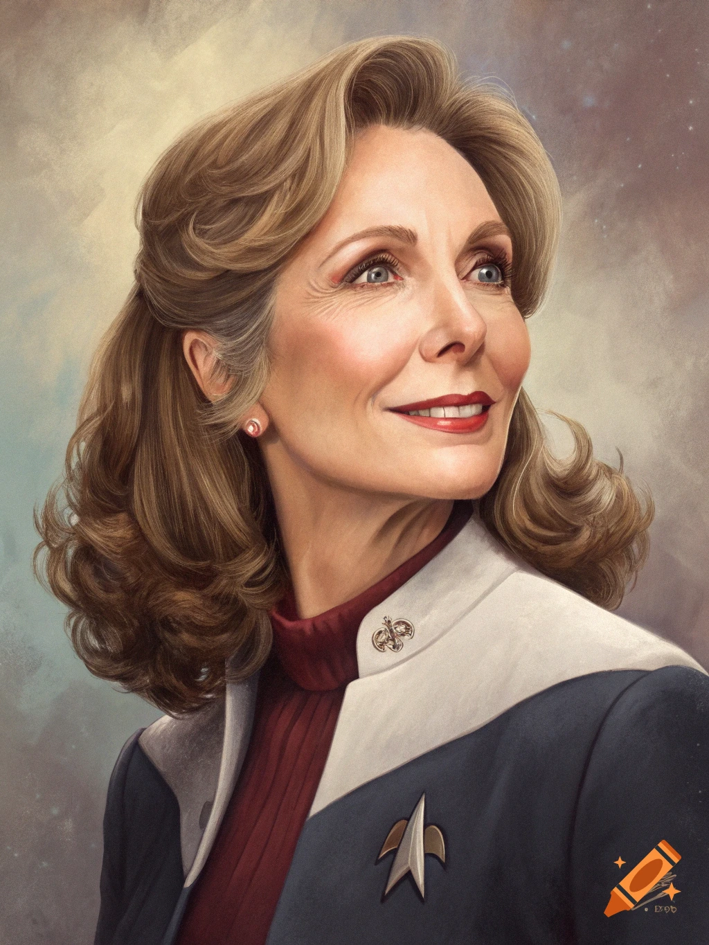 Portrait of a smiling woman with wavy brown hair, wearing a dark blue and white Starfleet-like uniform with a red turtleneck and badges, looking up.